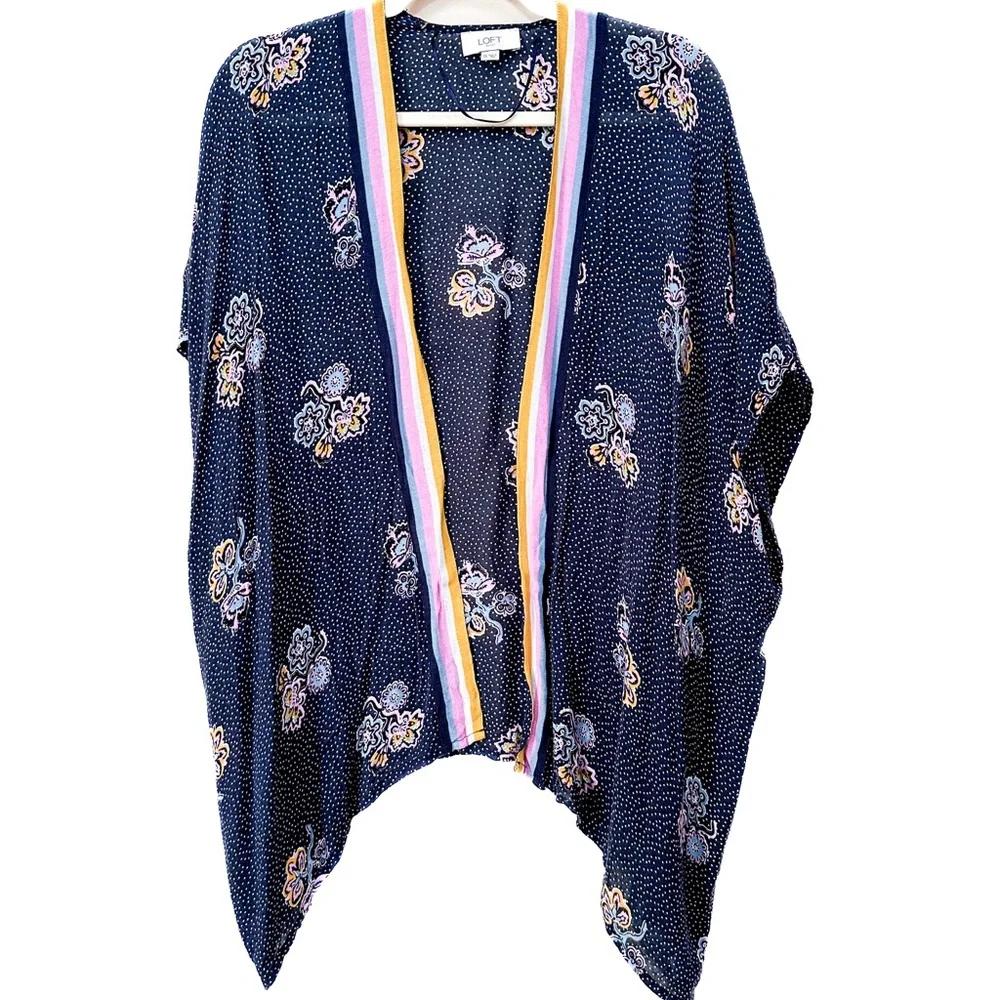 LOFT Kimono, lightweight, navy blue with dots and flowers, sewn arm holes